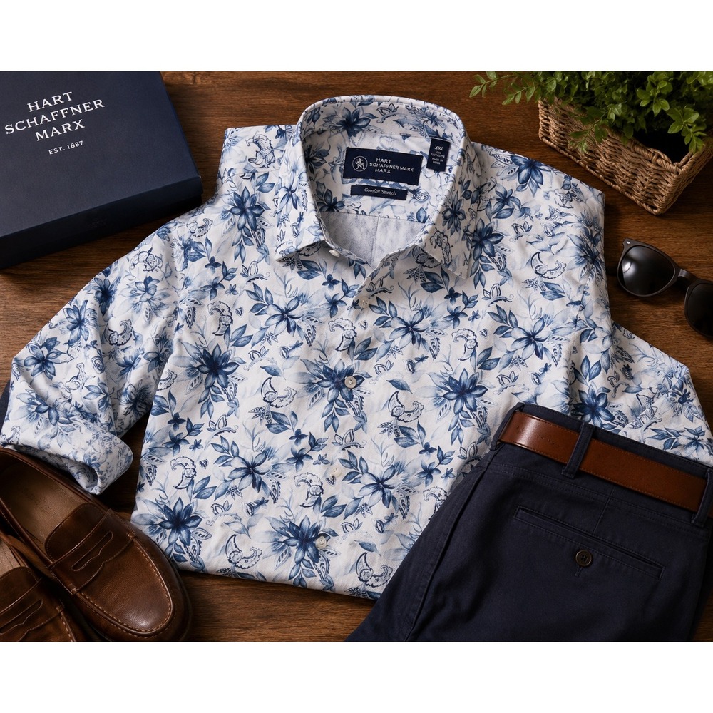 Hart Schaffner Marx Comfort Stretch Shirt Mens 2X Blue Floral Button 100% Cotton